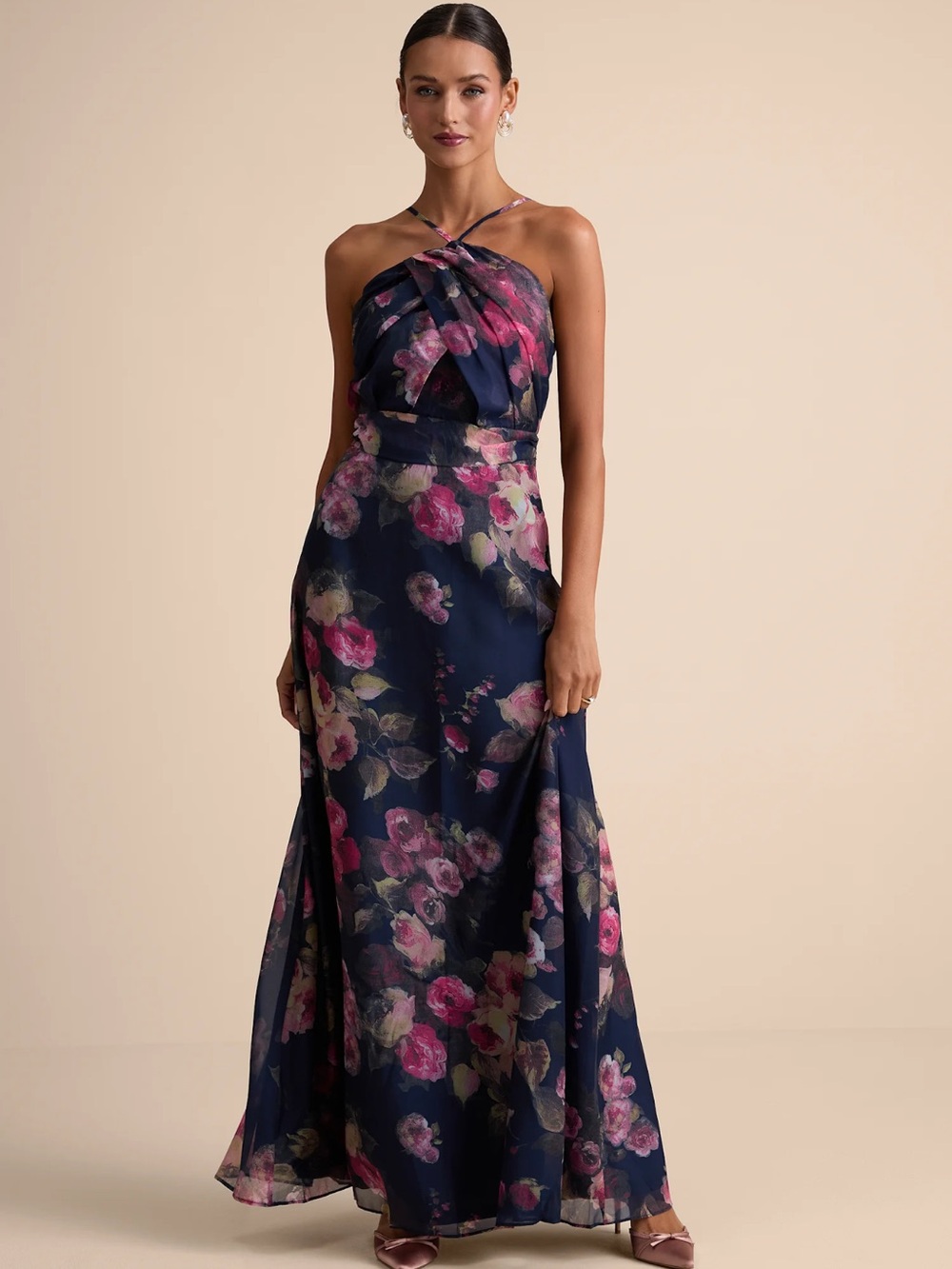 NWT Lulus Farris navy floral organza halter maxi dress